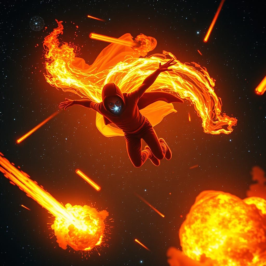 Hero Soaring Through Cosmic Night Sky