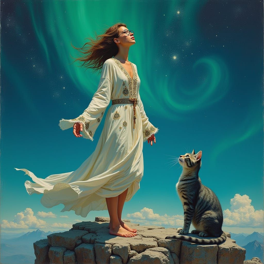 Ethereal Woman in Long White Robe Stands on Mountain with Gr...