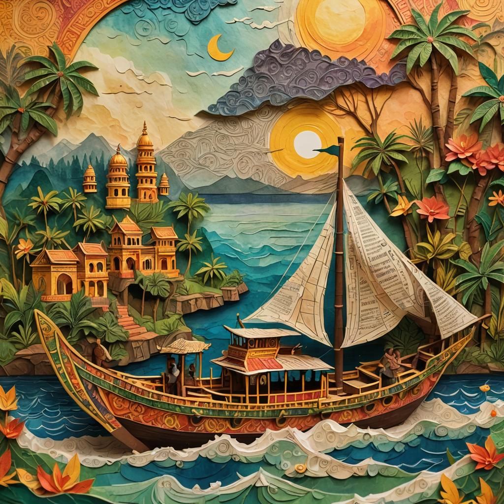 Kerala Boat in Colorful Paper Mache Art Style