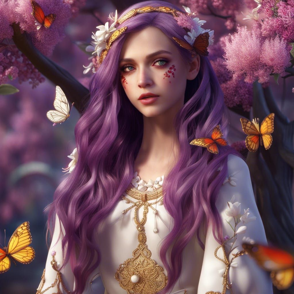 Purple Haired Woman in Flower Dress, 3D Render