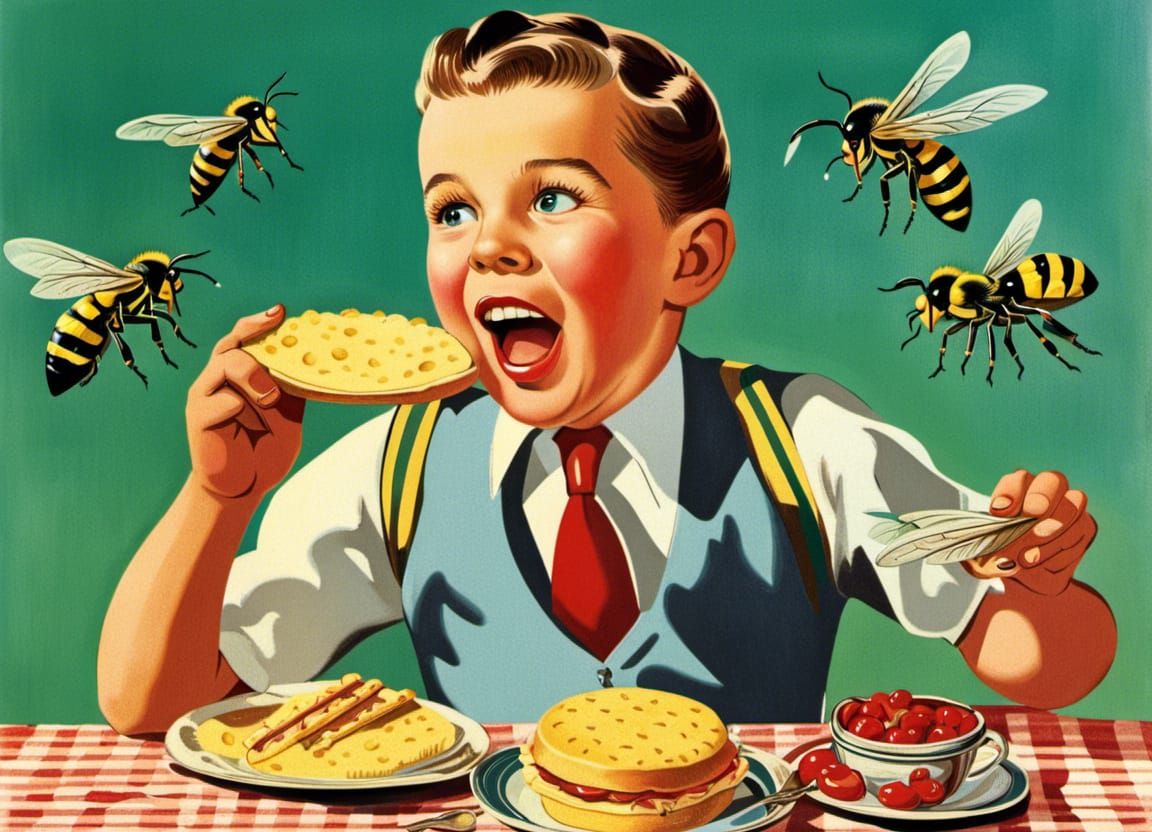 A wide mouthed 8 yr old covered in wasps stings, eating a wa...