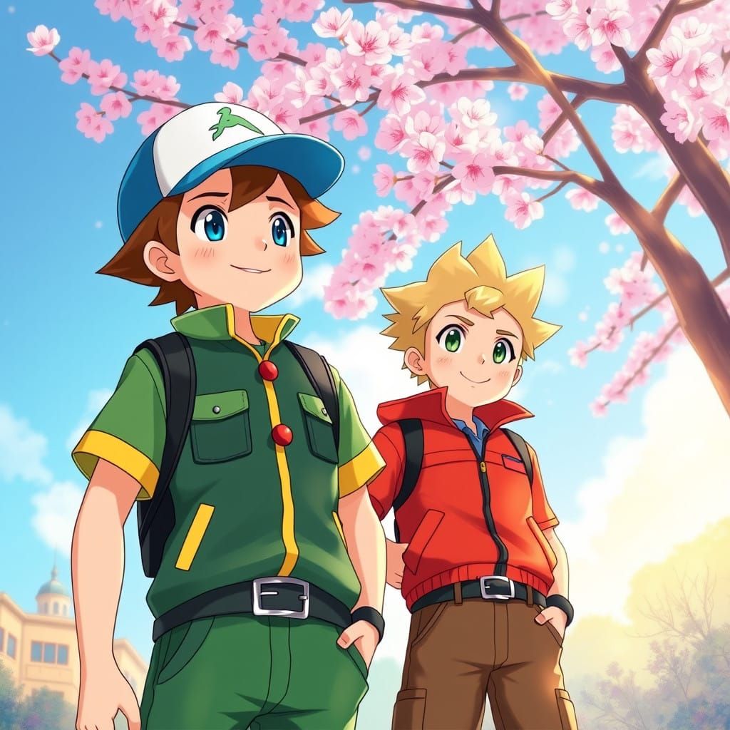 Pokémon Trainers Ritchie and Alden Under Sakura Bloom