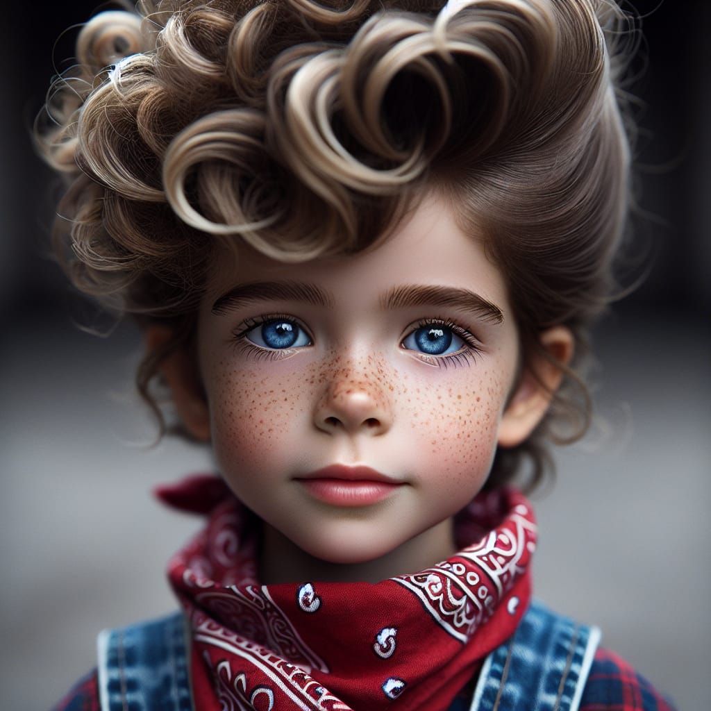 Blue-Eyed Child with Elaborate Hairstyle and Bandana