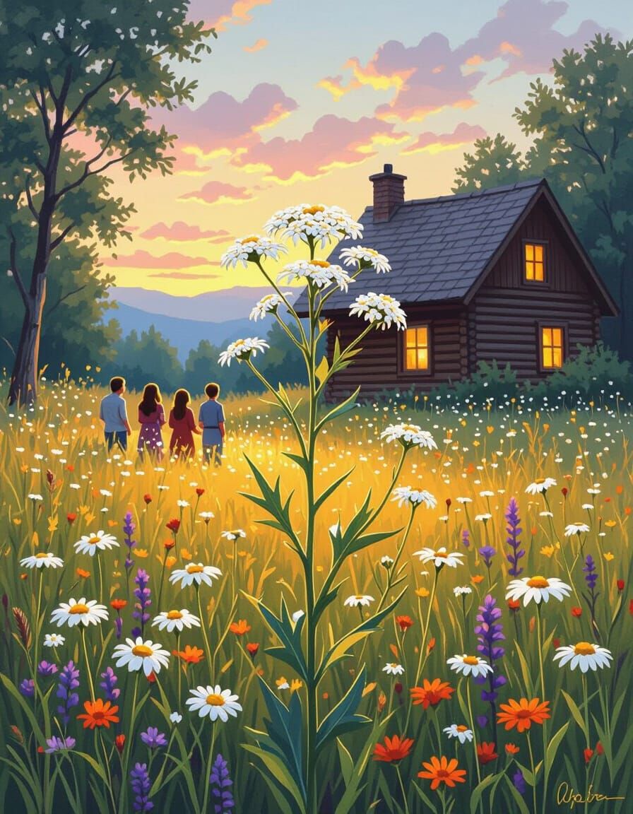 Yarrow's Healing Power in a Meadow, Oil Painting