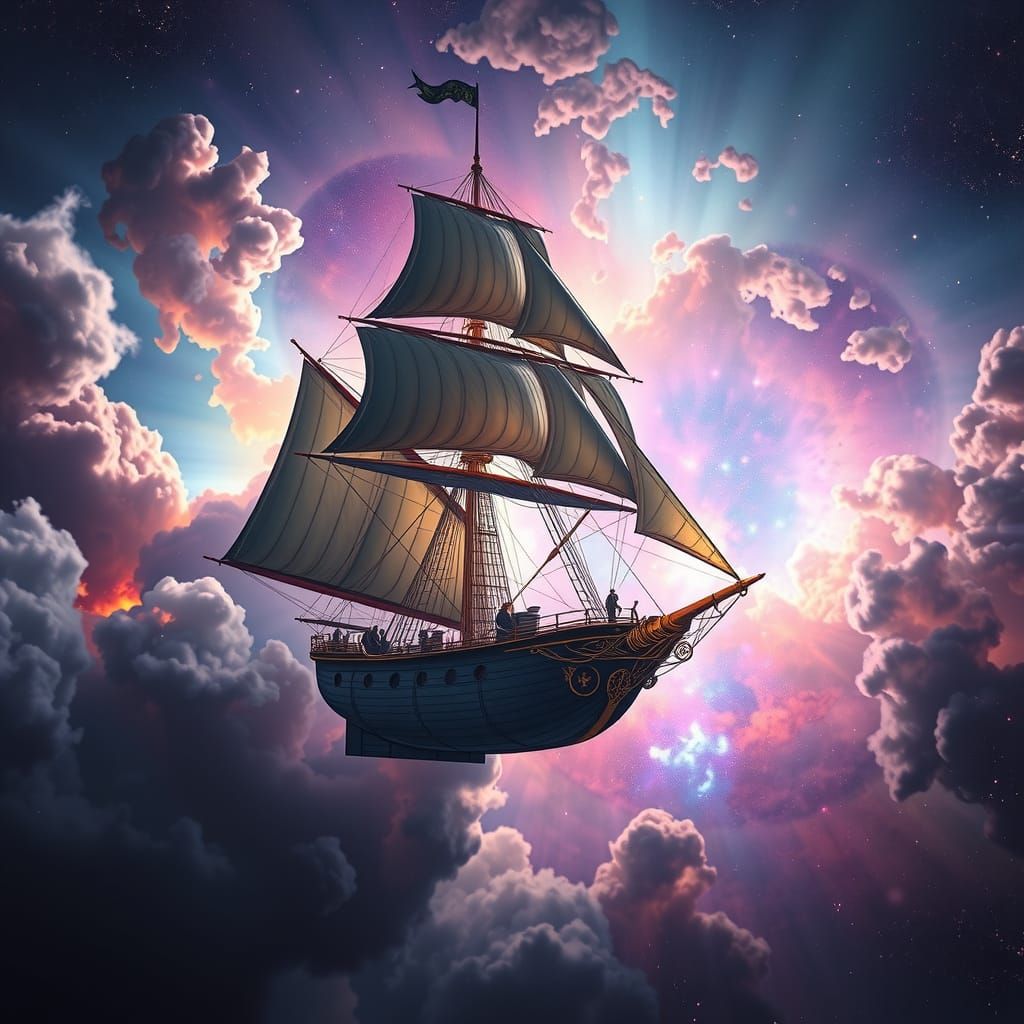Schooner-Inspired Spaceship Sails Through Vibrant Nebula