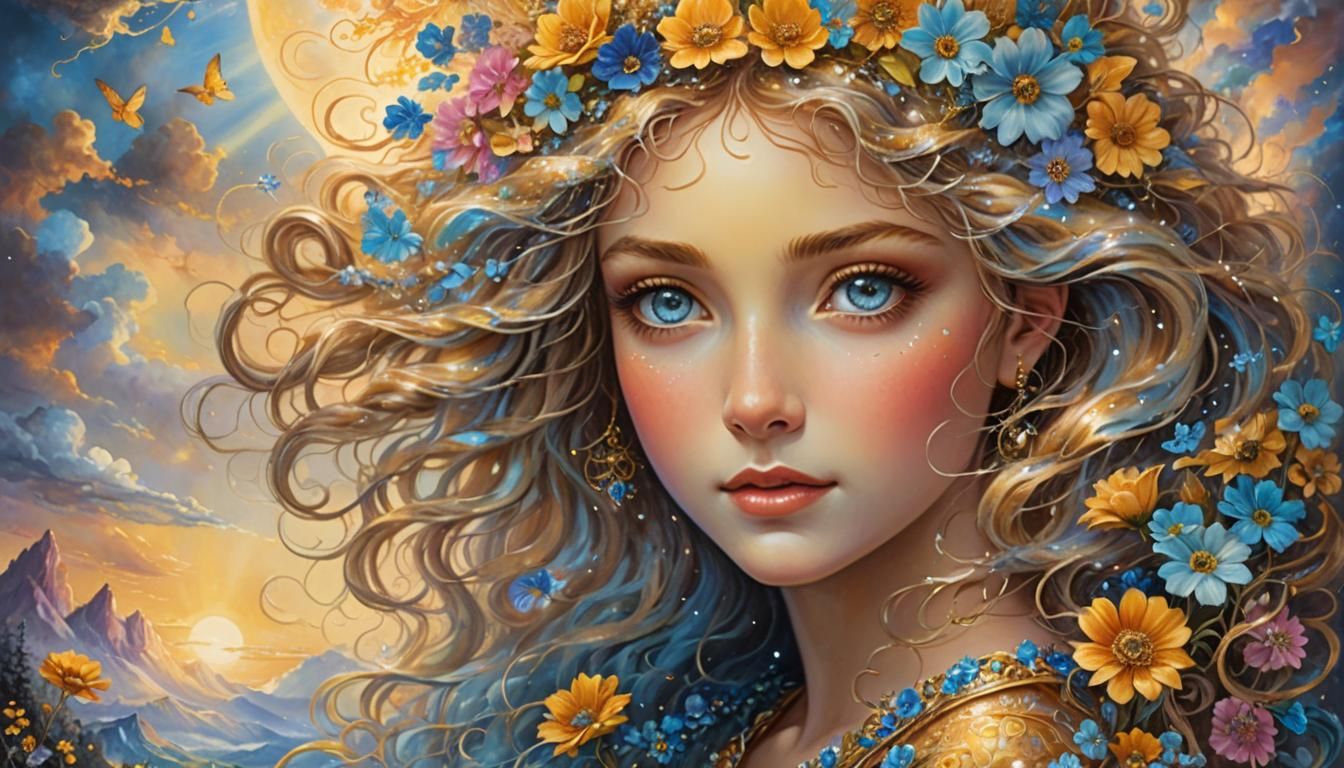 Iridescent Portrait of Young Girl in Art Nouveau Style