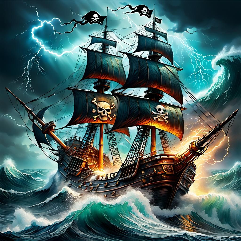 Pirate Ship vs Kraken in Stormy Sea