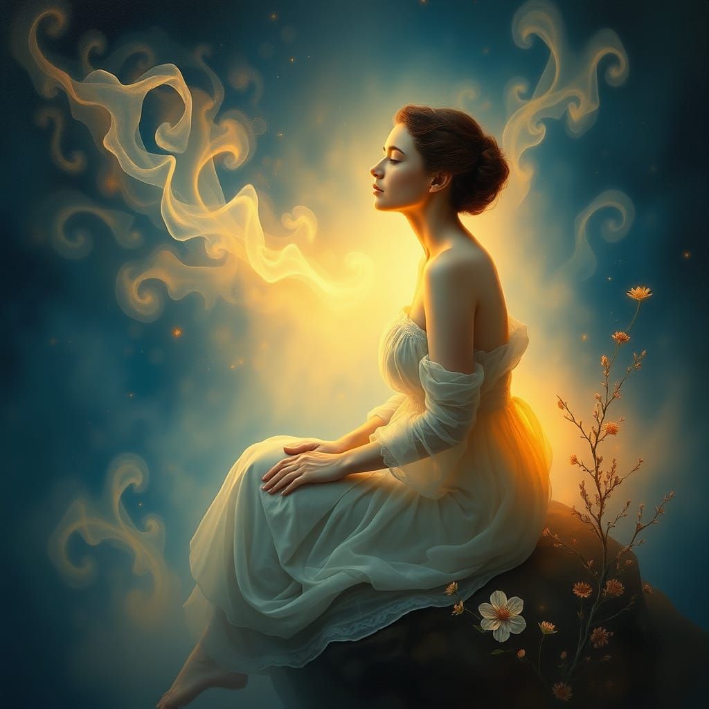 Dreamlike Woman in Sfumato Style with Ultramarine Background