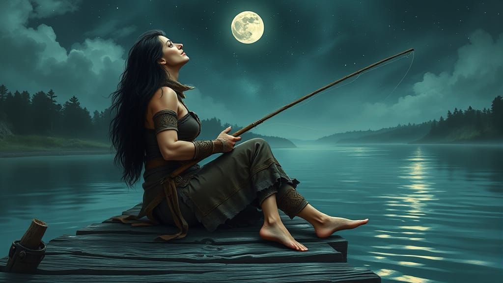 Barbarian Woman Fishing Under the Night Sky
