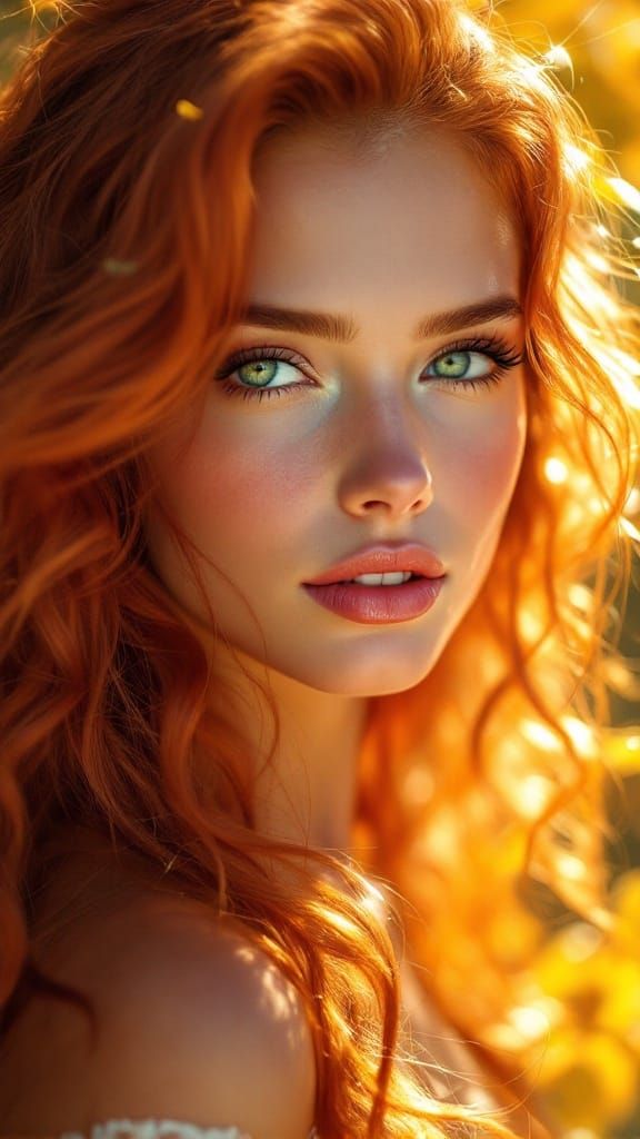Hyperrealistic Portrait of a Red-Haired Woman in Emerald Fla...