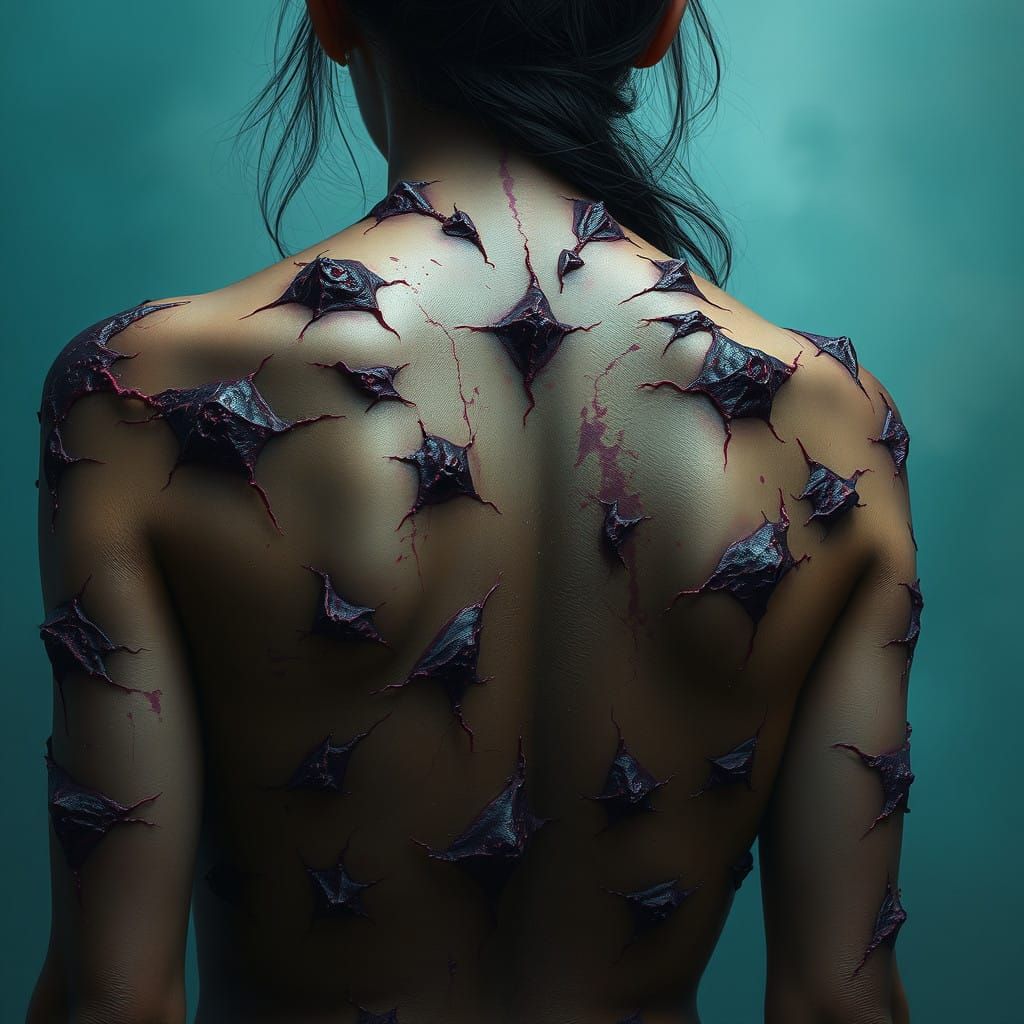Mystical Woman's Back with Vivid Scars and Ancient Textures