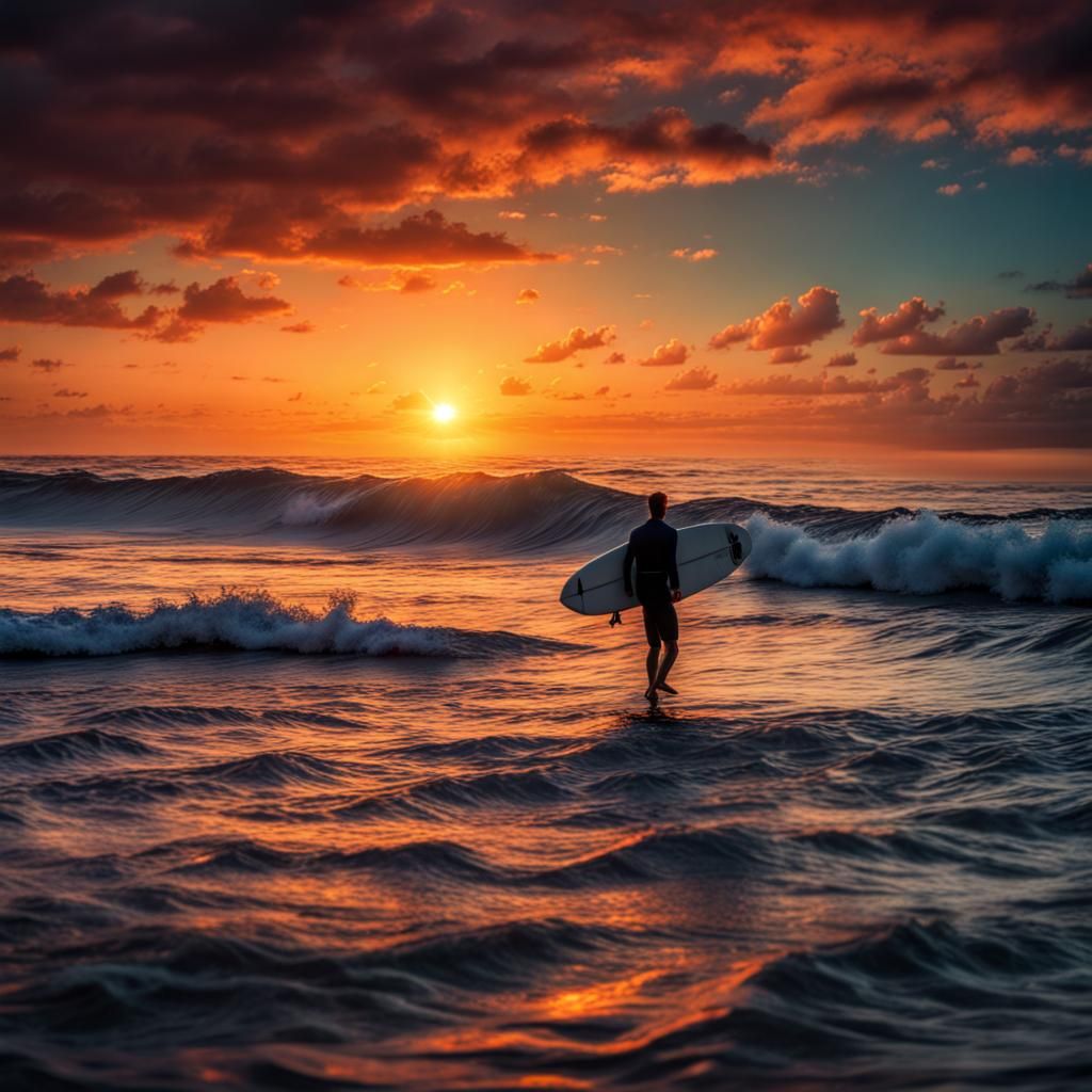 Hyperrealistic Sunset Surfer in HDR