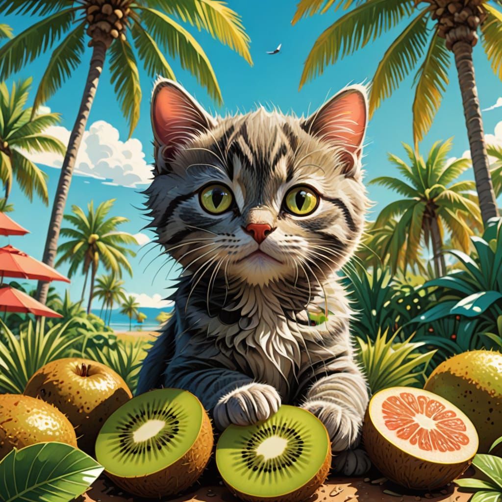 Kitten Kiwi Cartoon in Vibrant Tropical Paradise