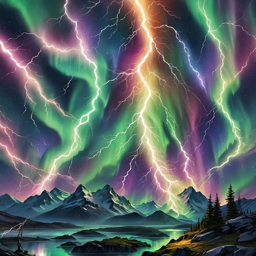 Angels Witnessing Lightning Through Northern Lights