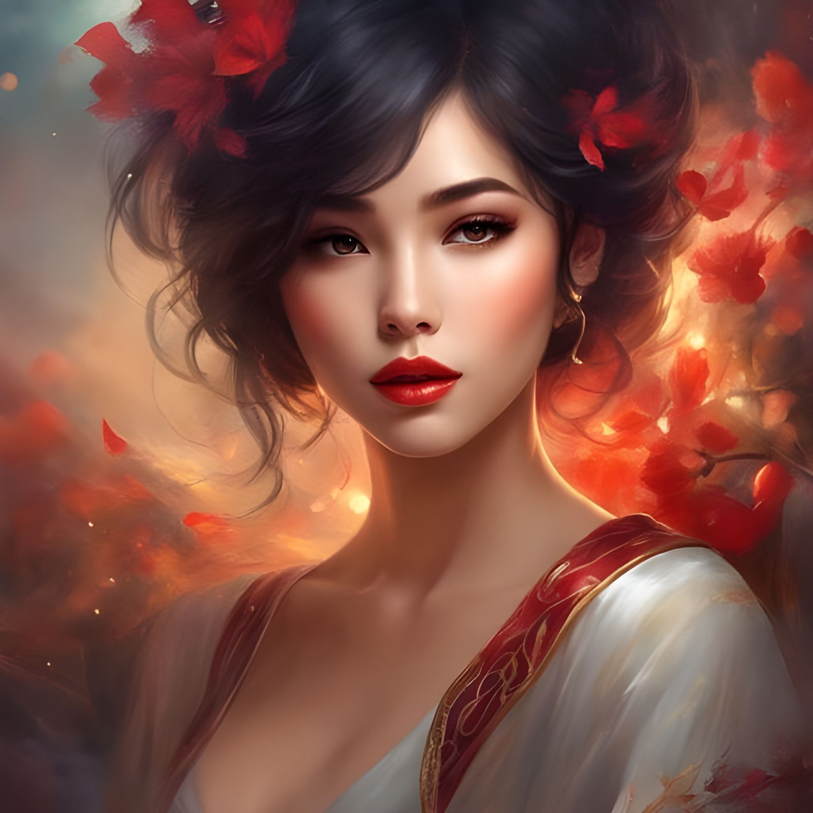 Beautiful Woman with Short Hair in Cafe, Royo Style