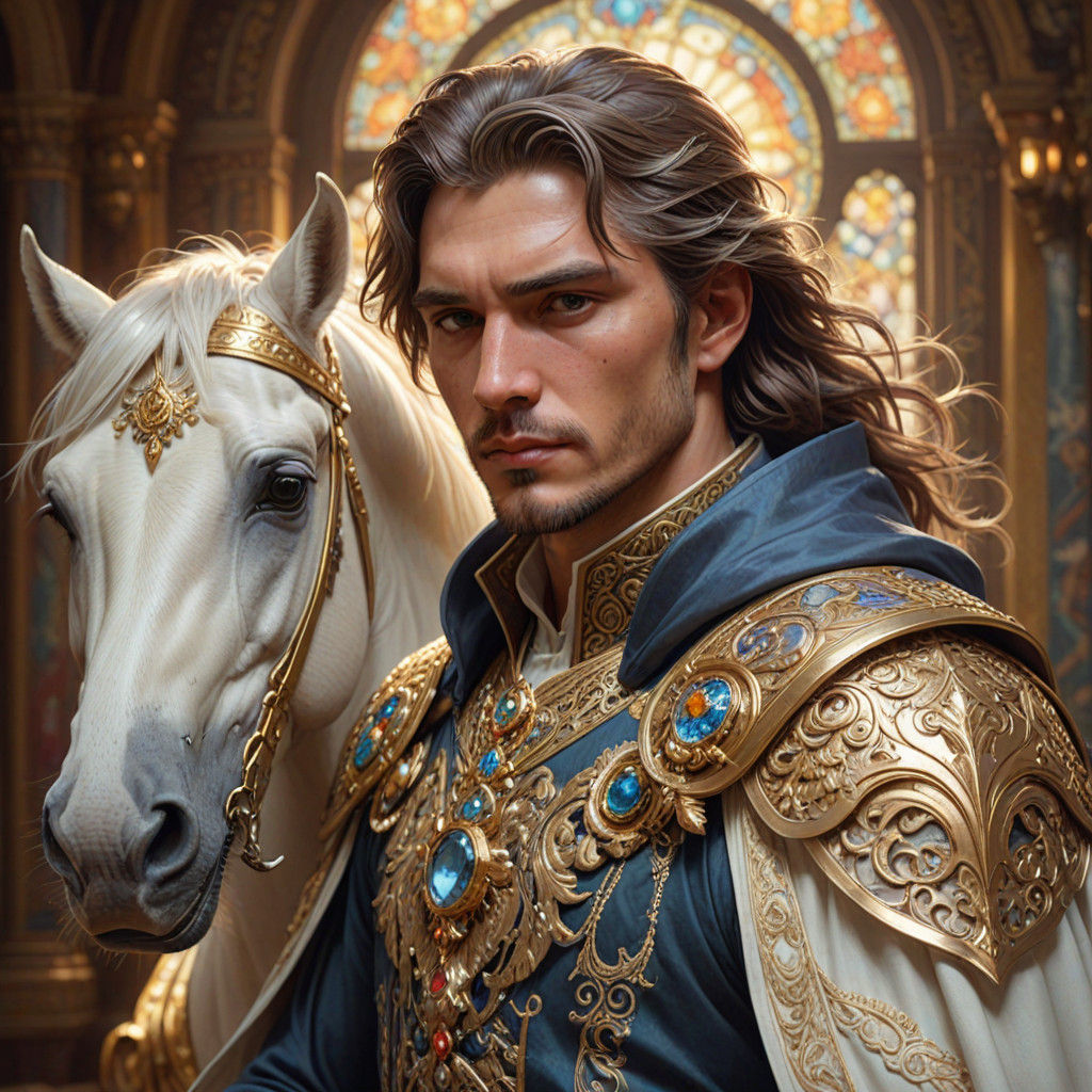 Regal Prince Rides a Majestic White Steed in Art Nouveau Sty...