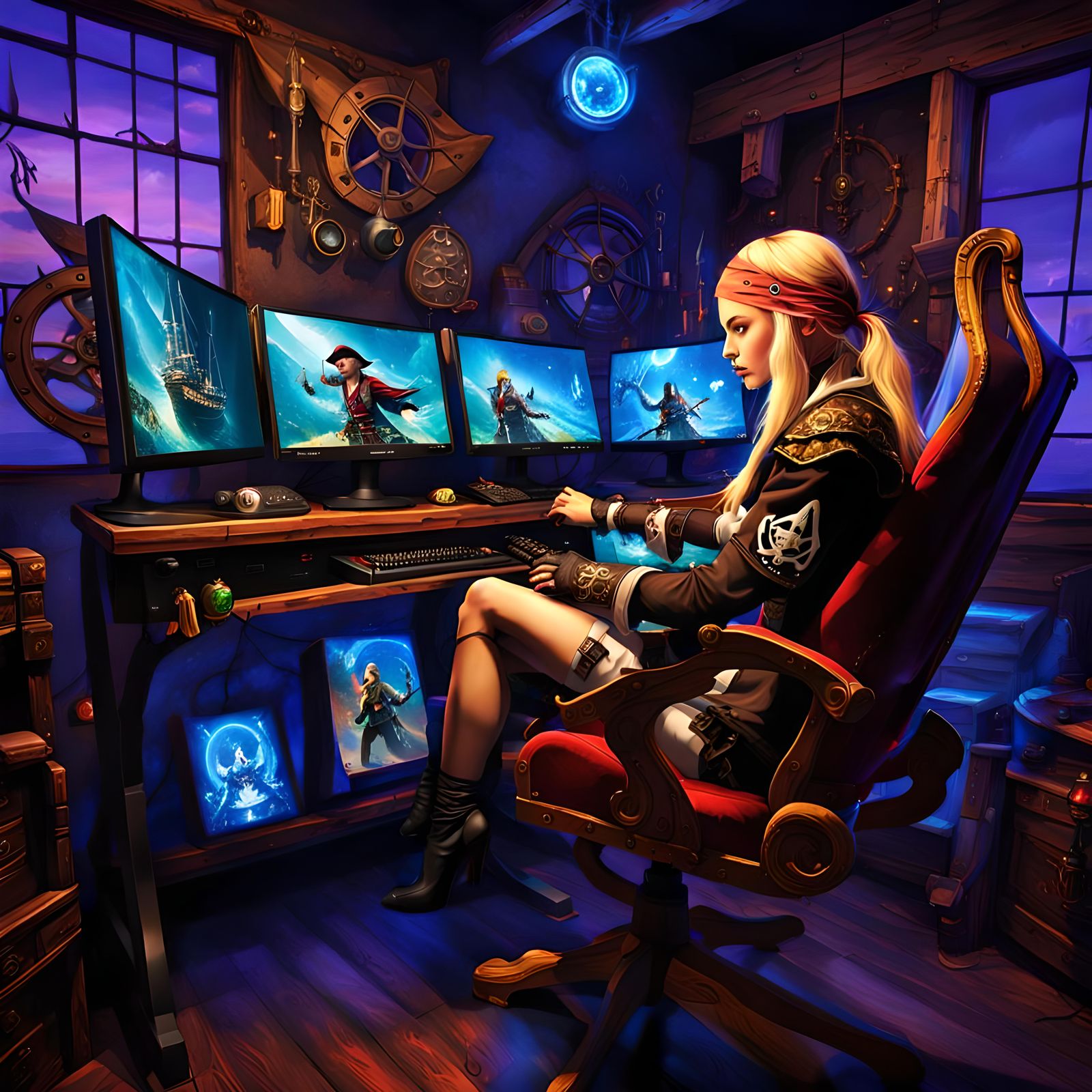 Sasha Playing "ASSASSINS CREED" in Pirate Gaming Set-Up (V3), by Lord Elboron.