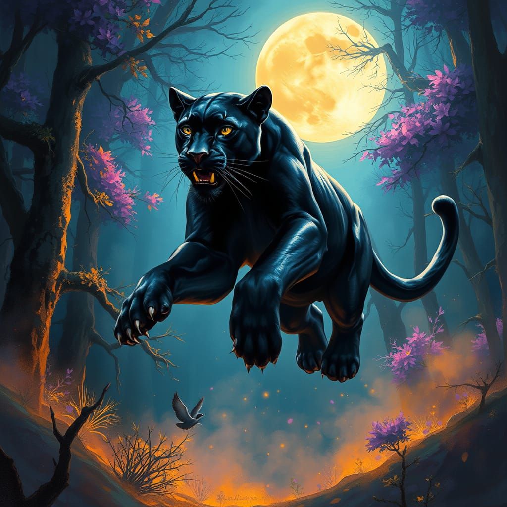 Majestic Black Panther in Ethereal Moonlit Forest