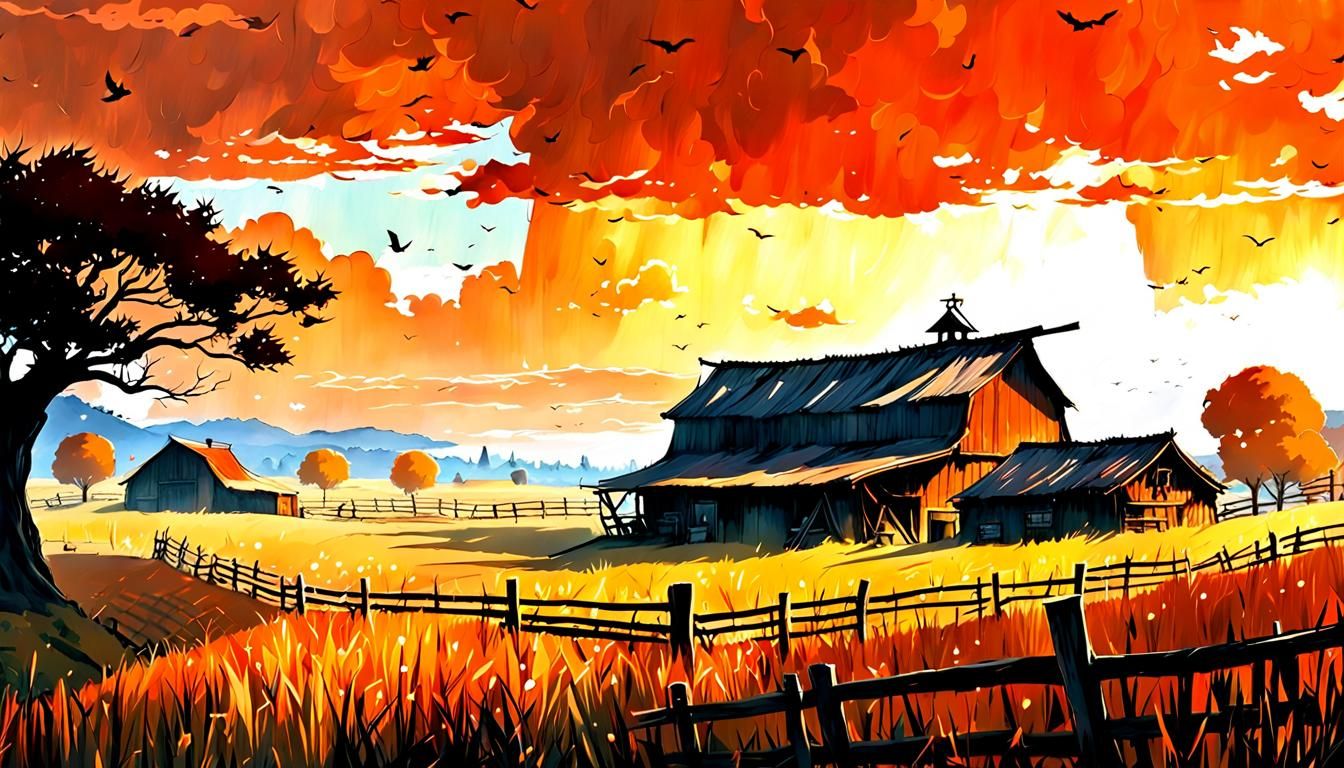 Anime Farmstead Under Orange Sky, Hyperdetailed