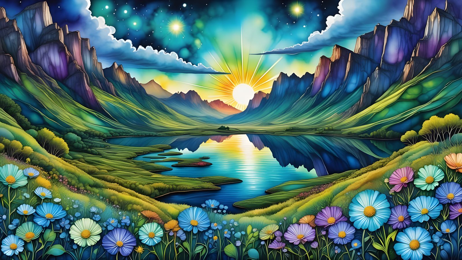 Blue Landscape with Alcohol Ink and Ethereal Lighting