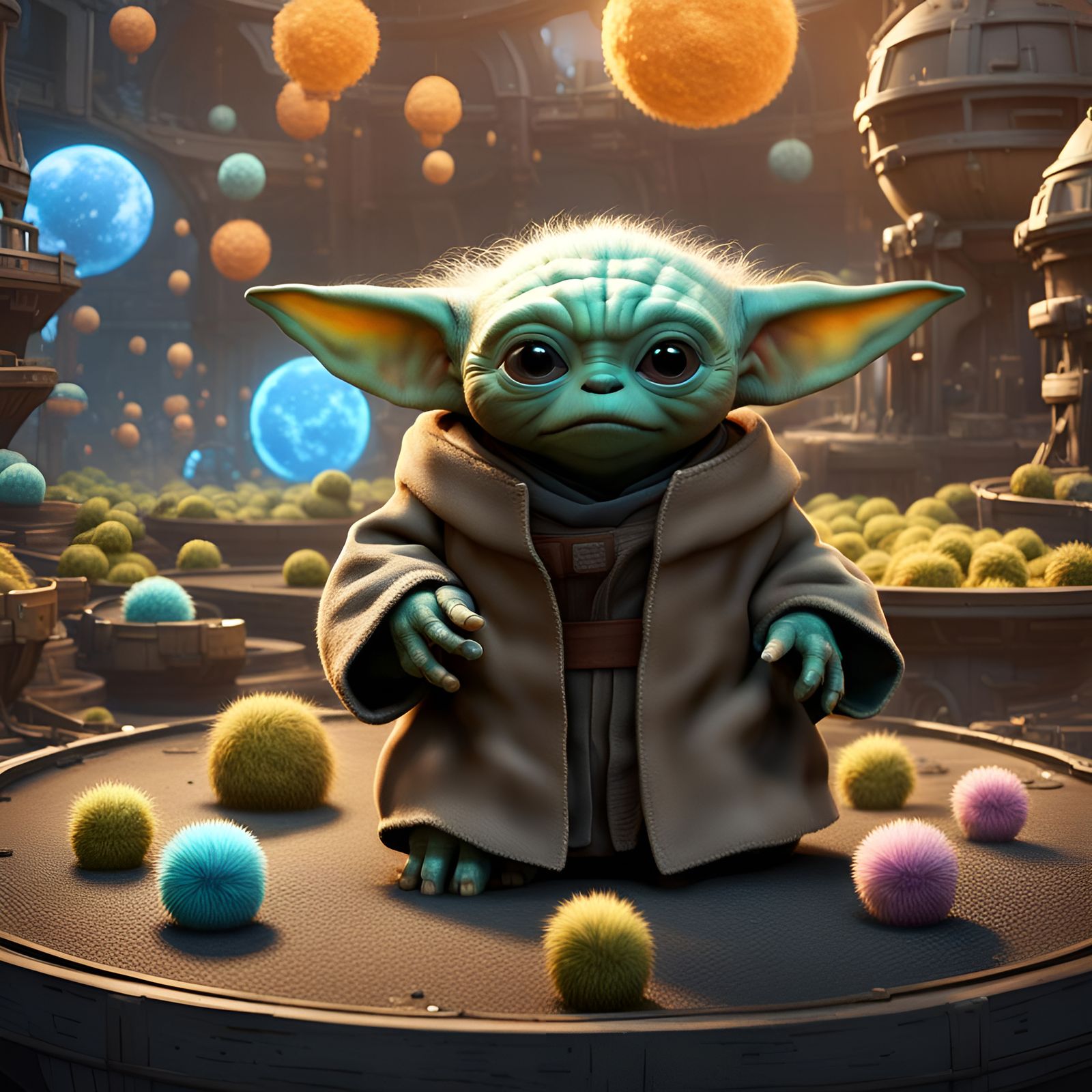 Baby Yoda and Tribbles in a Fantastical Amusement Park
