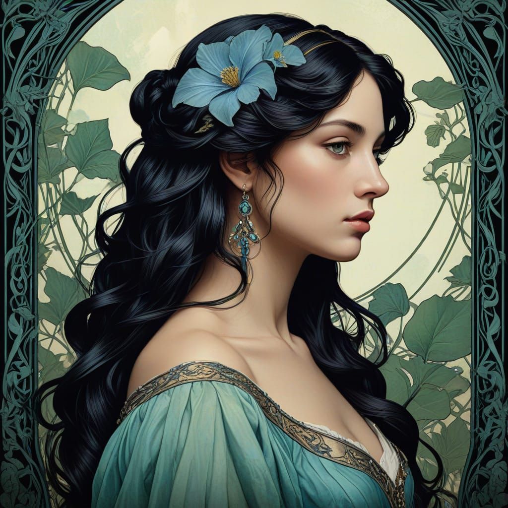 Art Nouveau Portrait of Aphrodite in Serene Garden