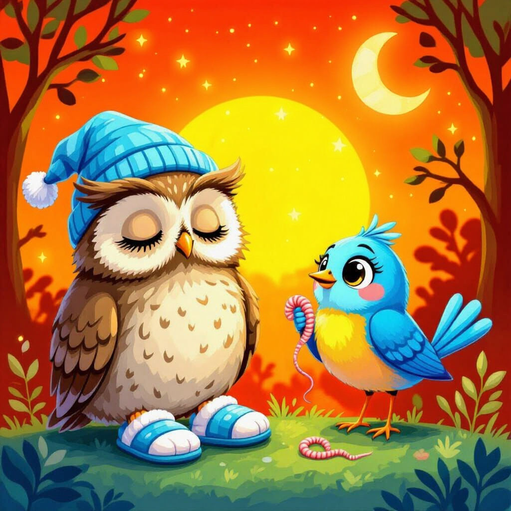 Tired Owl Meets Perky Blue Bird in Cartoon Style