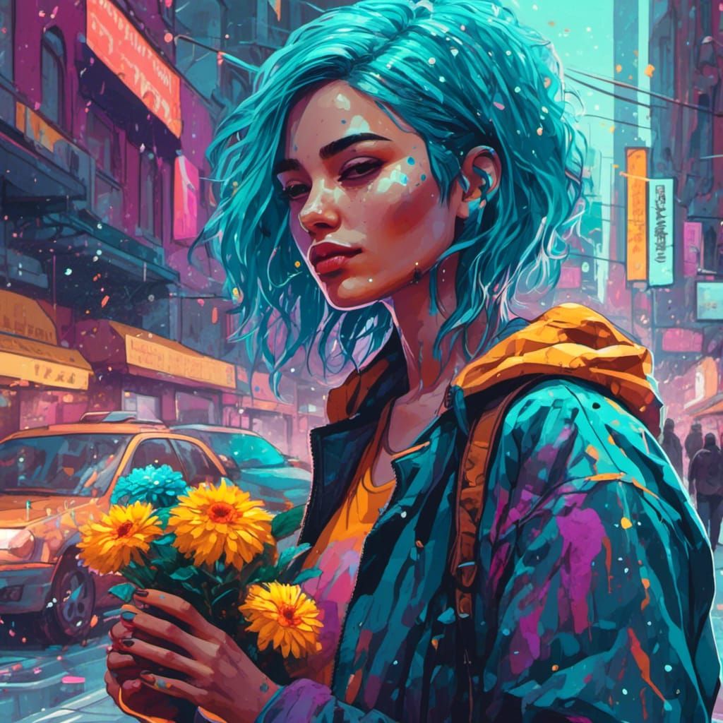 Woman with Turquoise Hair in Synthwave Flower Street