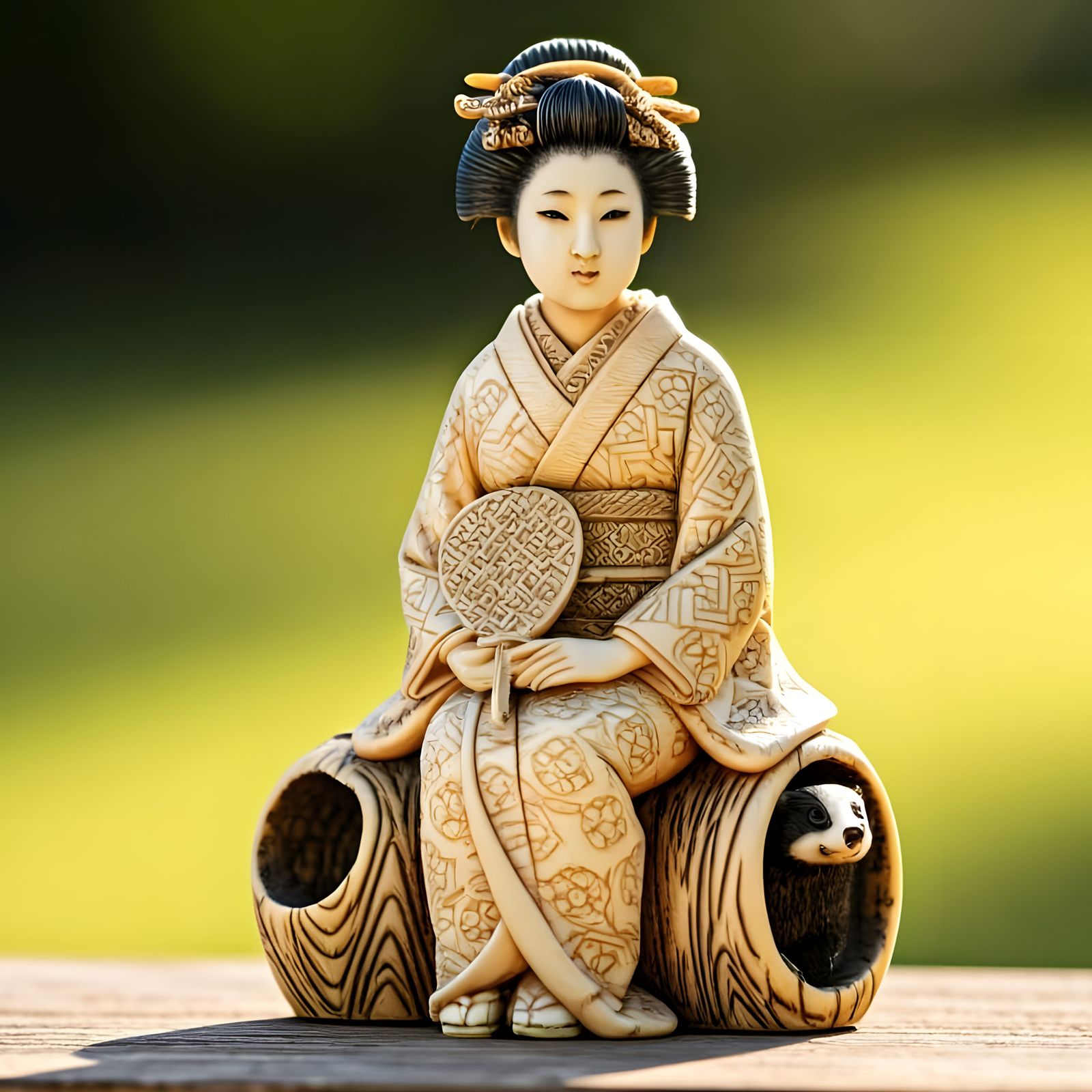 Antique Okimono: Meiji Woman and Badger Miniature