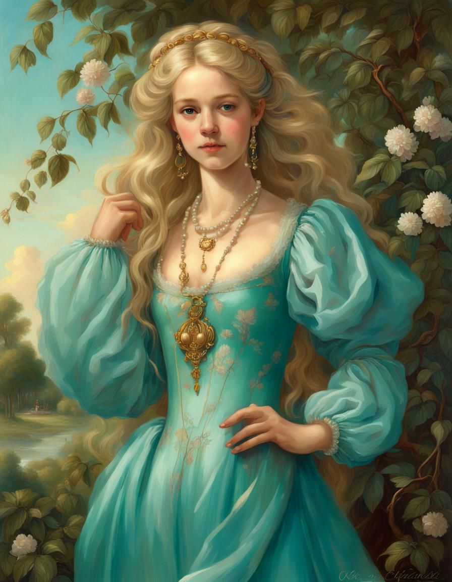 Renaissance Girl in Turquoise Gown in Cherry Garden