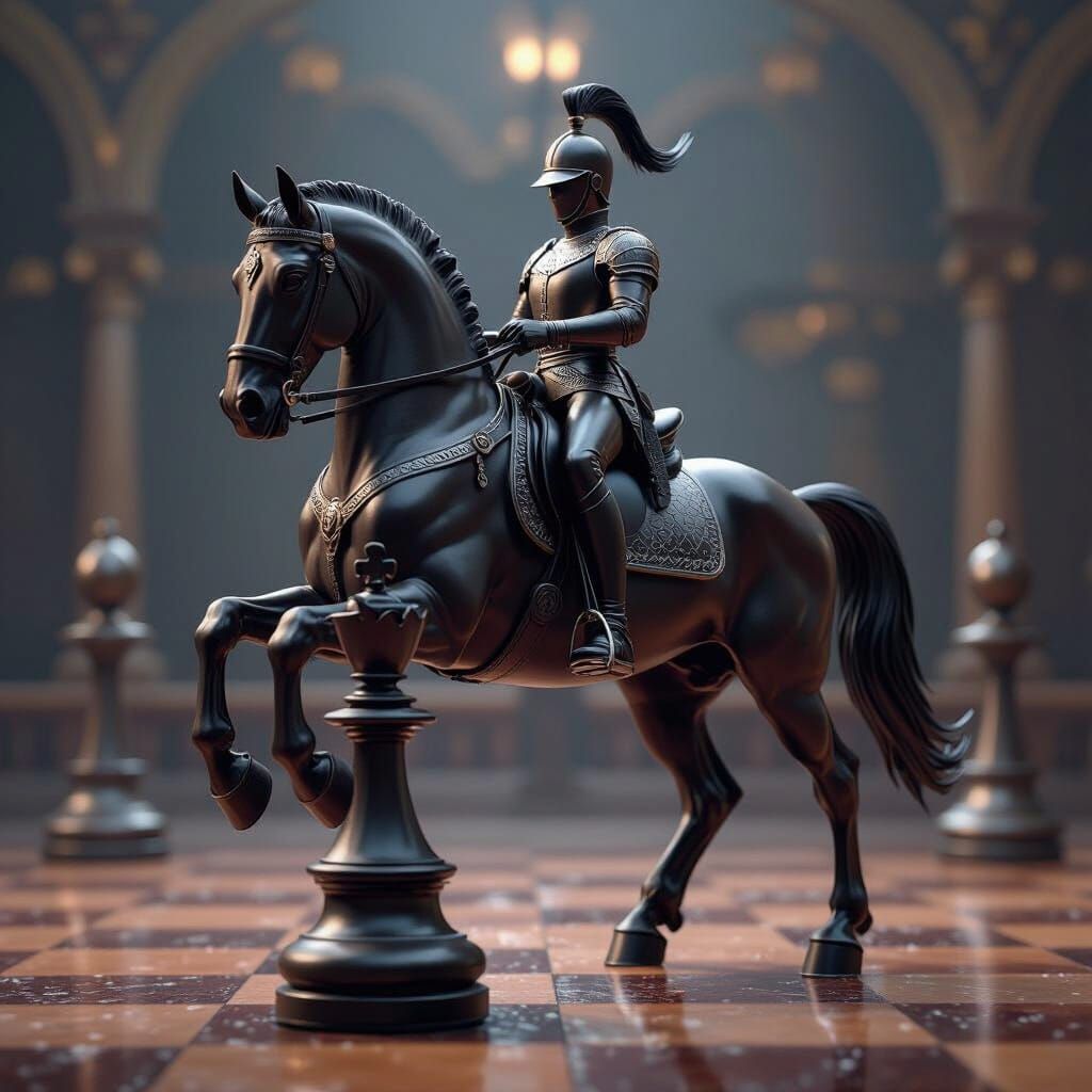 Chess Knight Performs Dressage on Warhorse in Fantasy Style