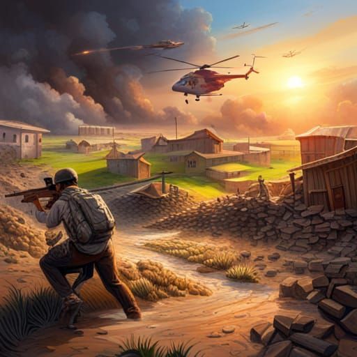 Hyperrealistic War Scene with Helicopters and Explosions