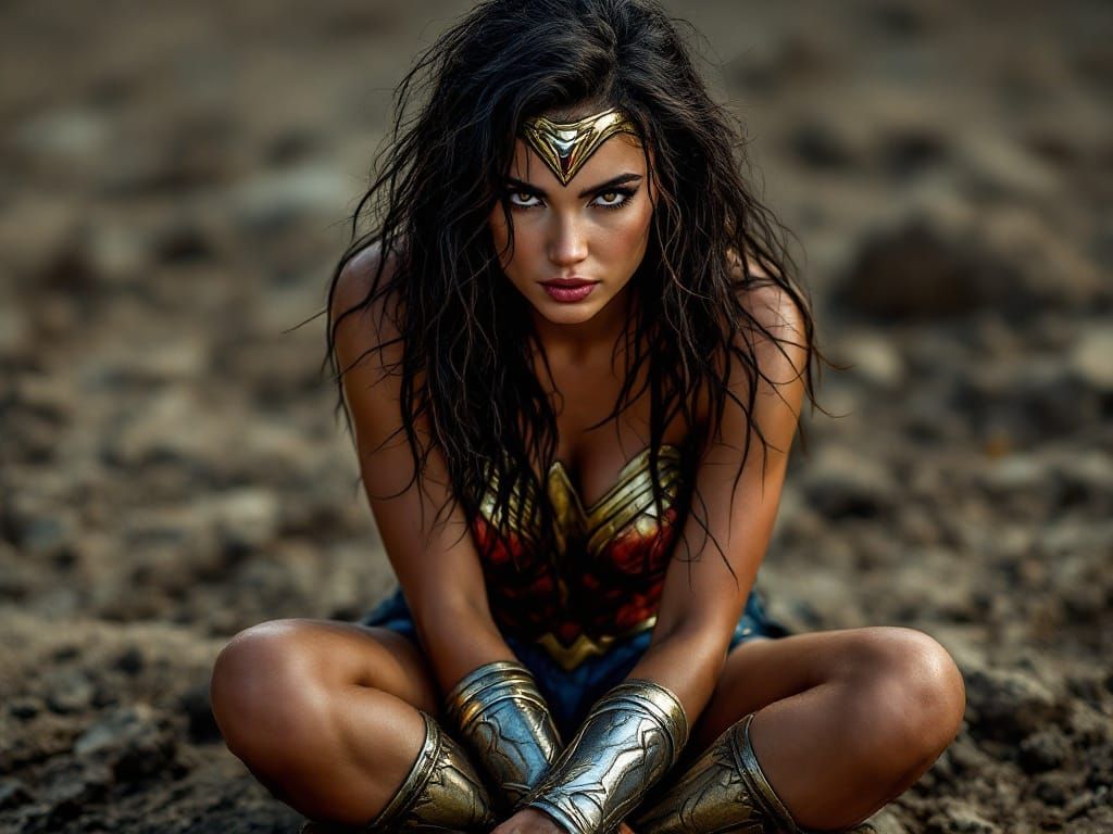 Hyper-Realistic Wonder Woman in Intense, Dark Brown Eyes