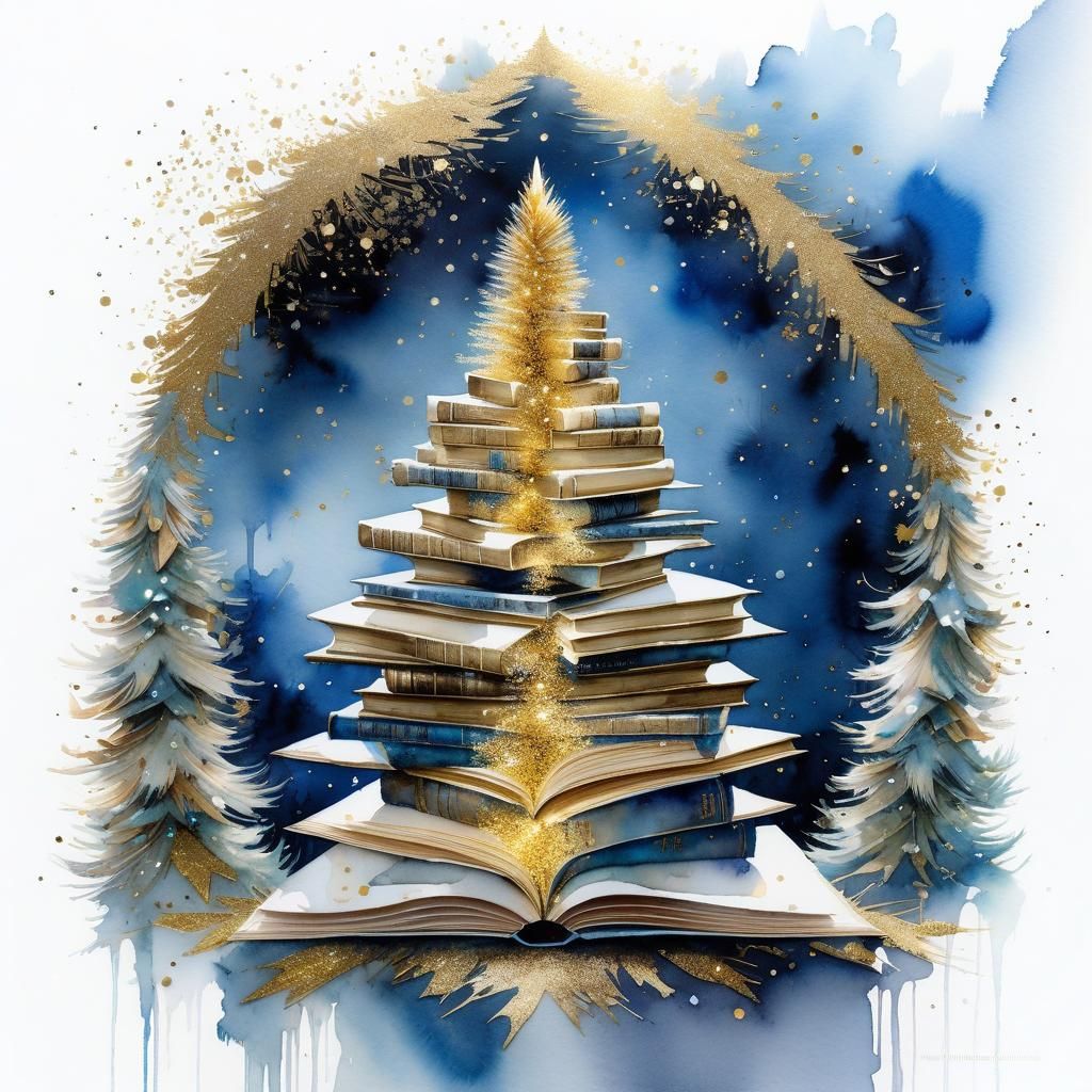 Book Christmas Tree in Watercolor Style