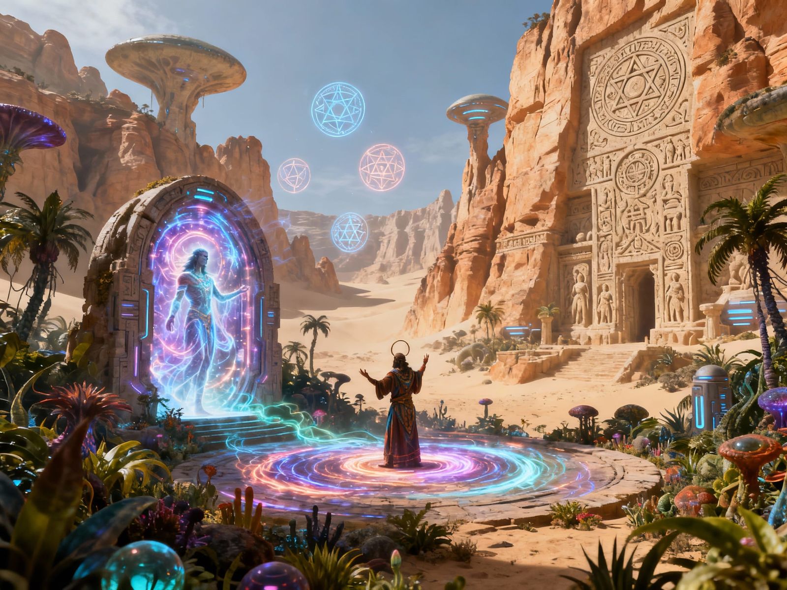 Mystical Being Emerges from Sci-Fi Portal in Alien Jungle