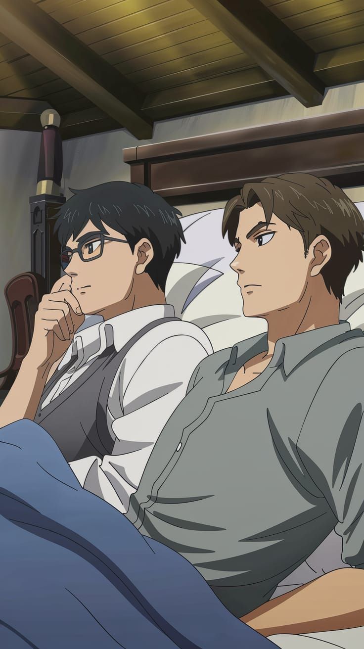 Two Asian Men Contemplate Life in a Simple Room