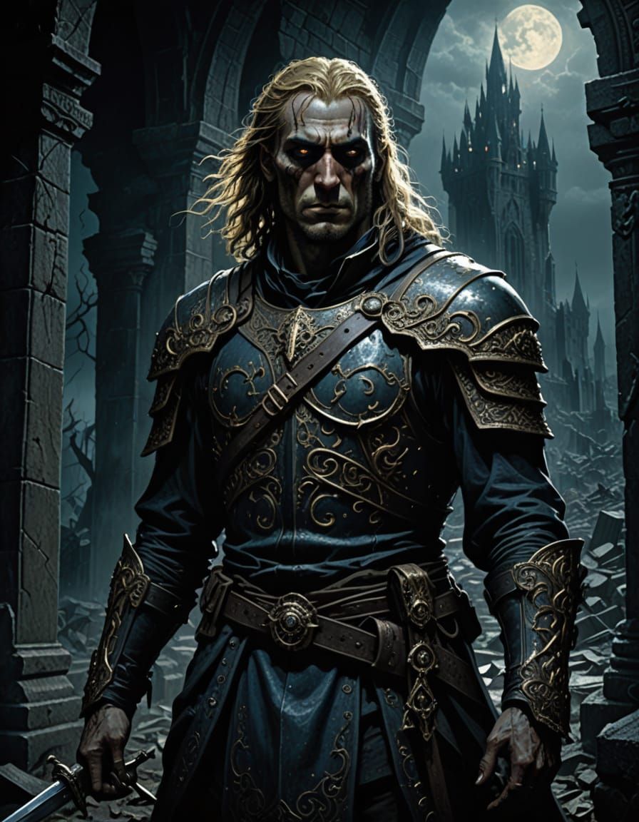 Warrior in Ruined Castle, Dark Fantasy Illustration