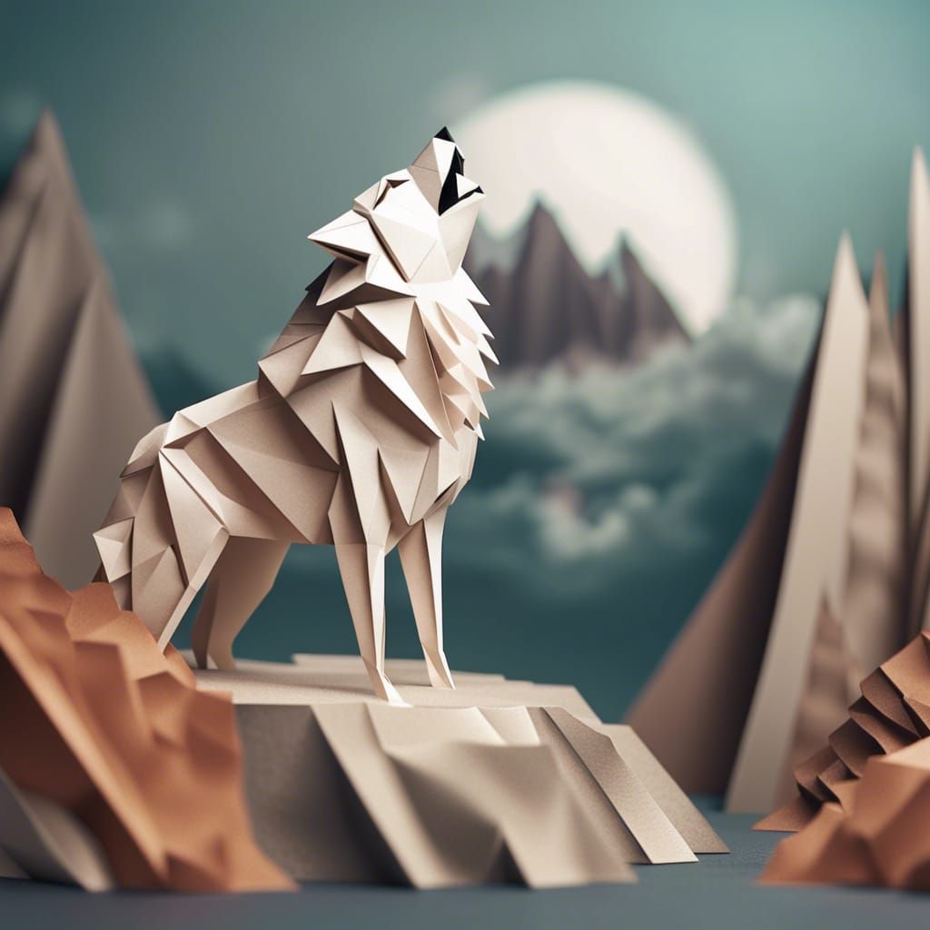 Origami Wolf Howling on Cliff Papercraft