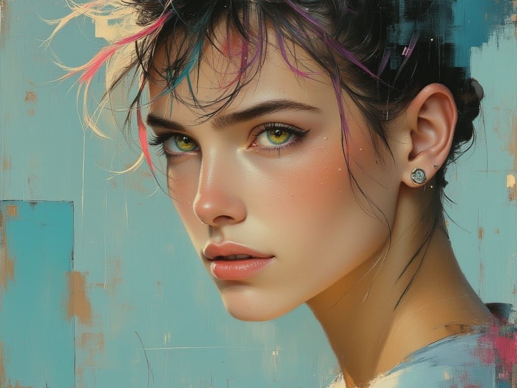 Kpop Idol with Glowing Teal Hair as Soft Oil Painting