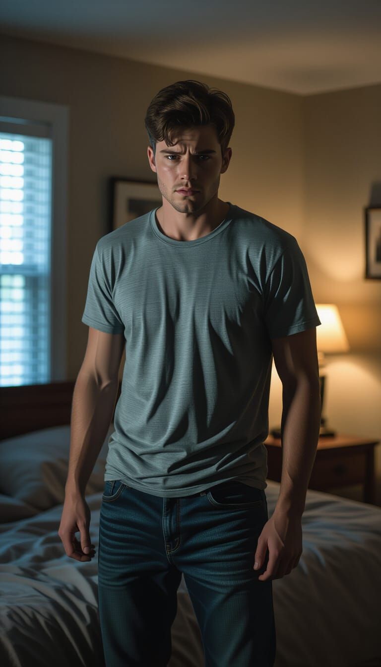 Man Turning in Fear: Dimly Lit Bedroom, Cinematic Horror