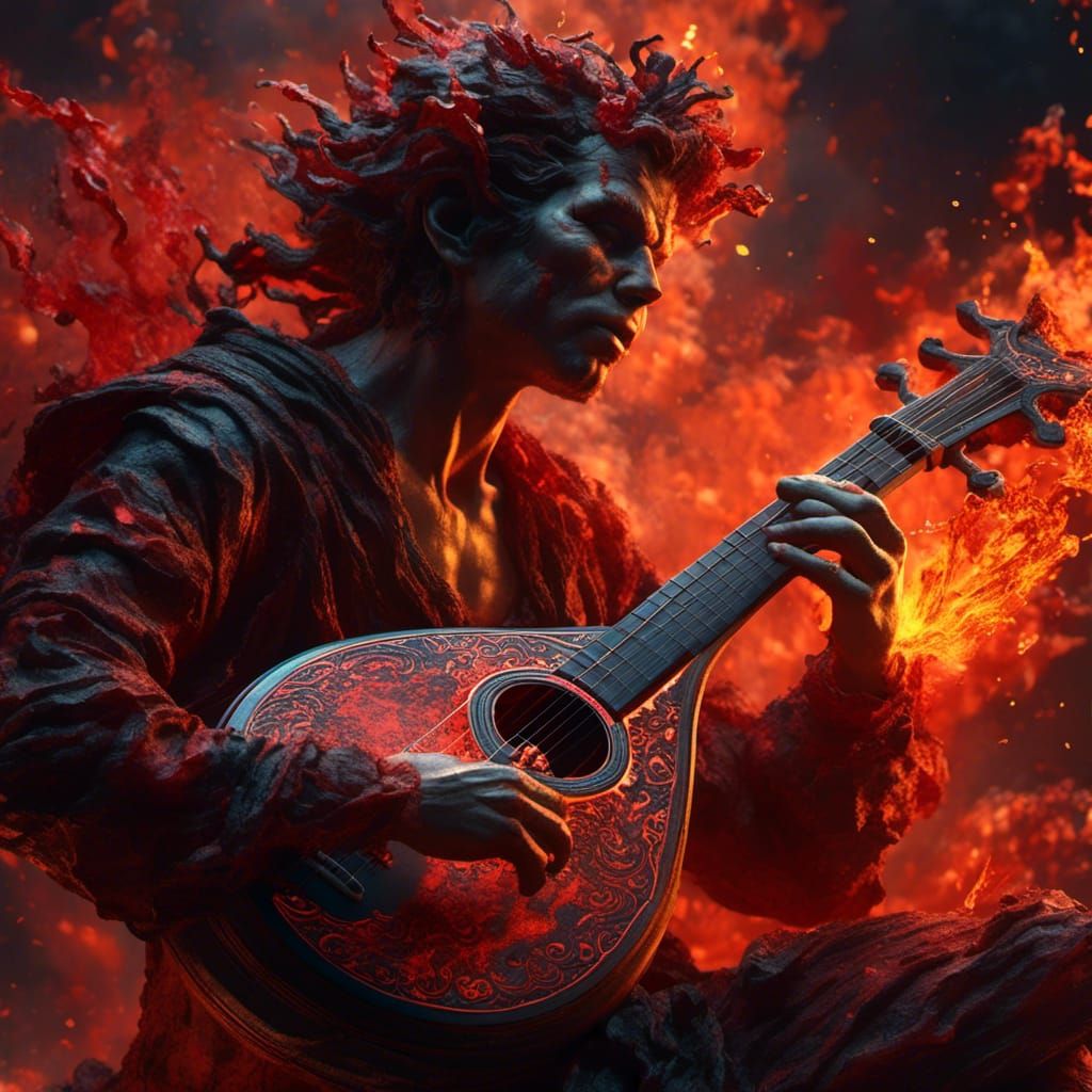 Hyperrealistic Satyr Plays Lute Amidst Fire