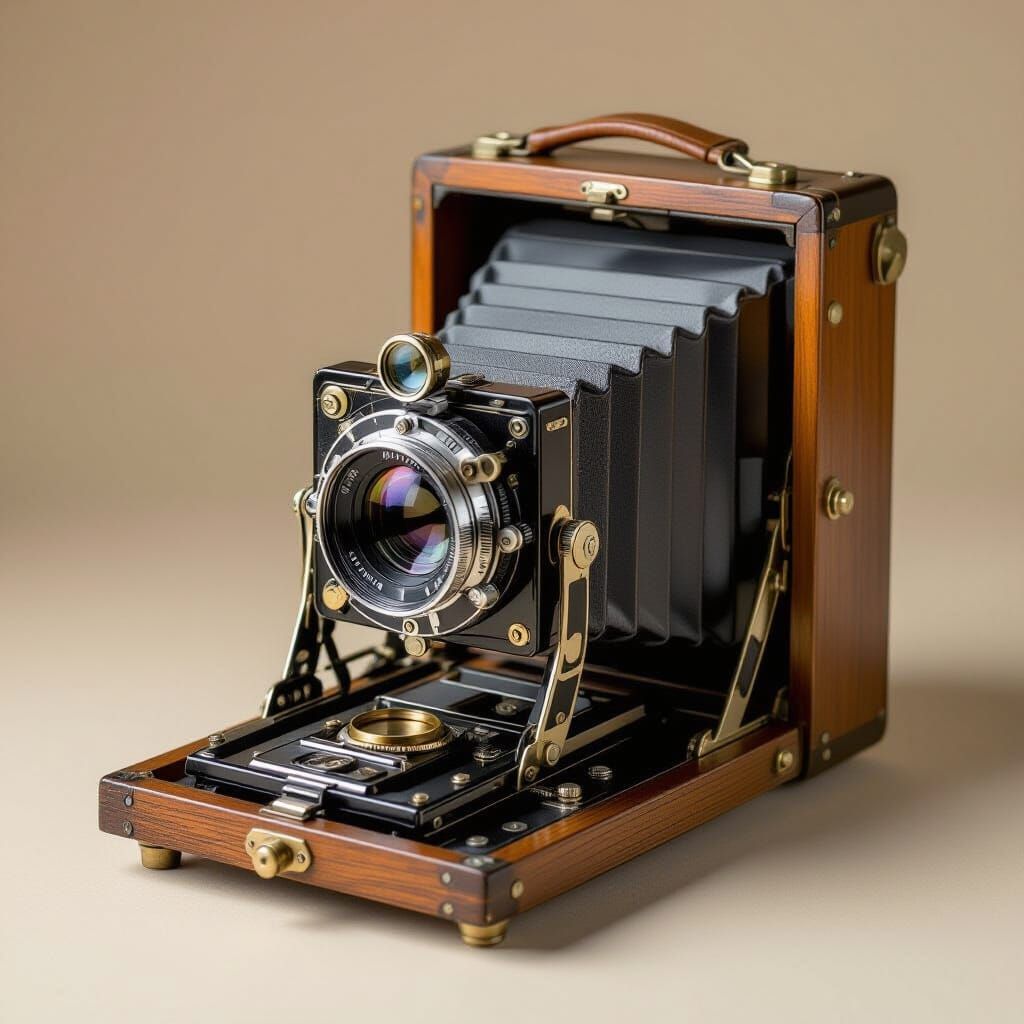 Vintage Bellows Camera with Wooden Details
