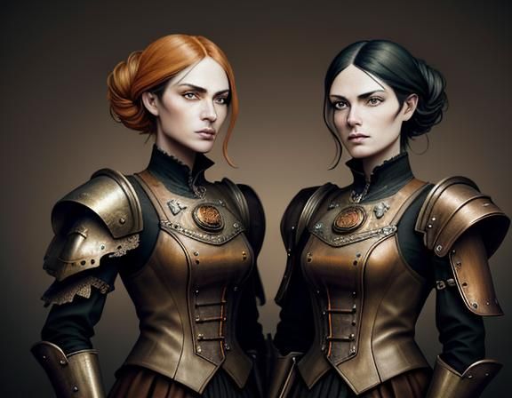 Steampunk Twins in Time Machine: Dark Fantasy Art