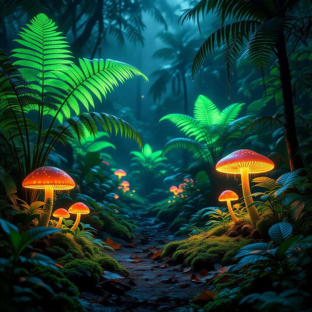 Bioluminescent Alien Jungle Floor at Night: Hyperrealistic M...