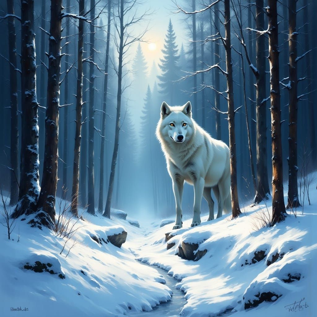 White Wolf with Sparkling Eyes in Snowy Forest Illustration