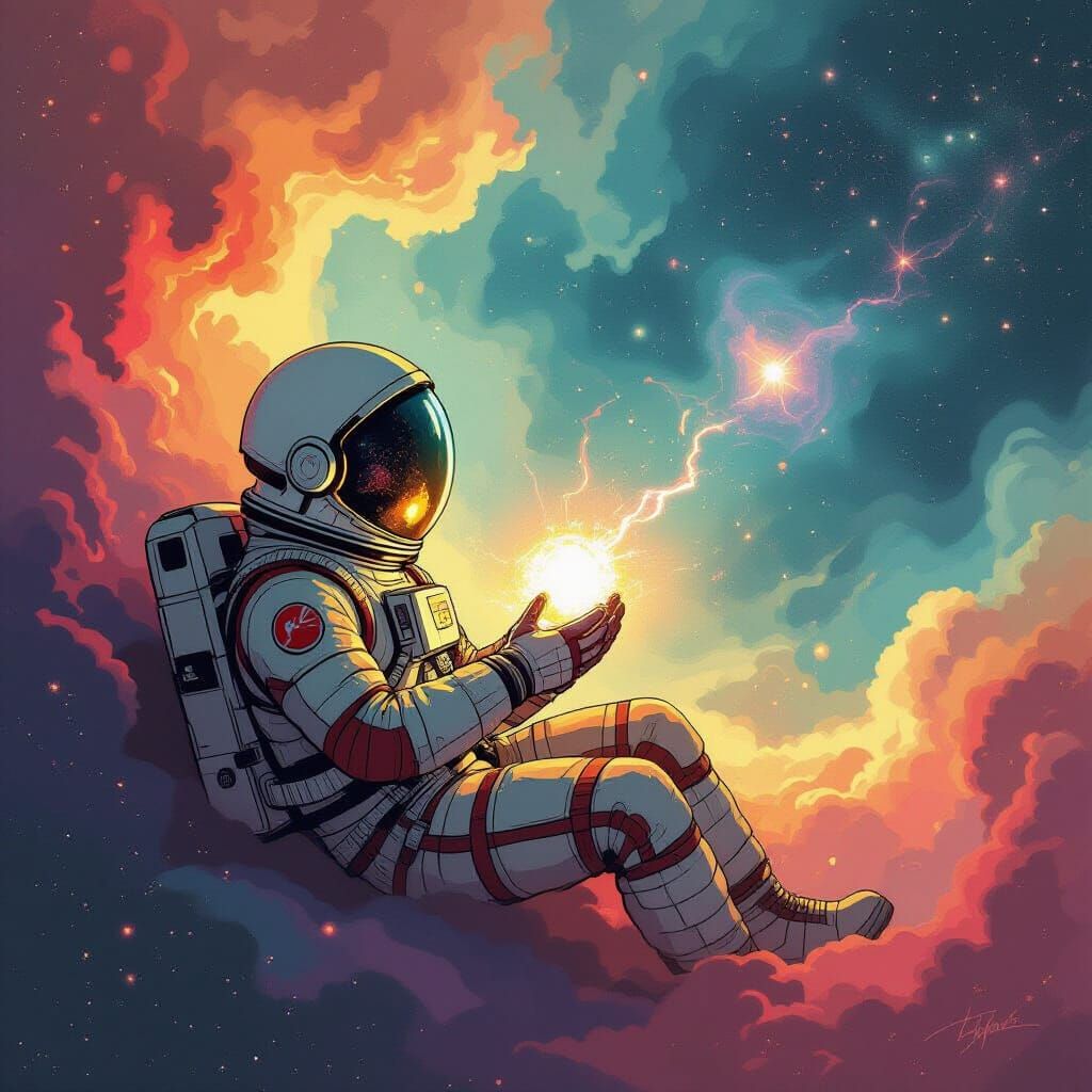 Astronaut Adrift in Nebula with Glowing Artifact