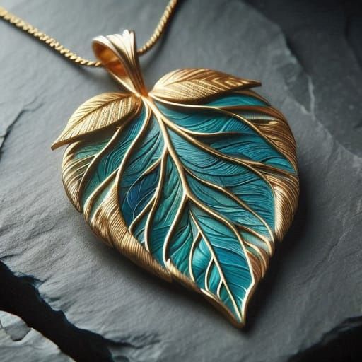 Luxury Gold and Teal Leaf-Shaped Pendant in Photorealistic D...