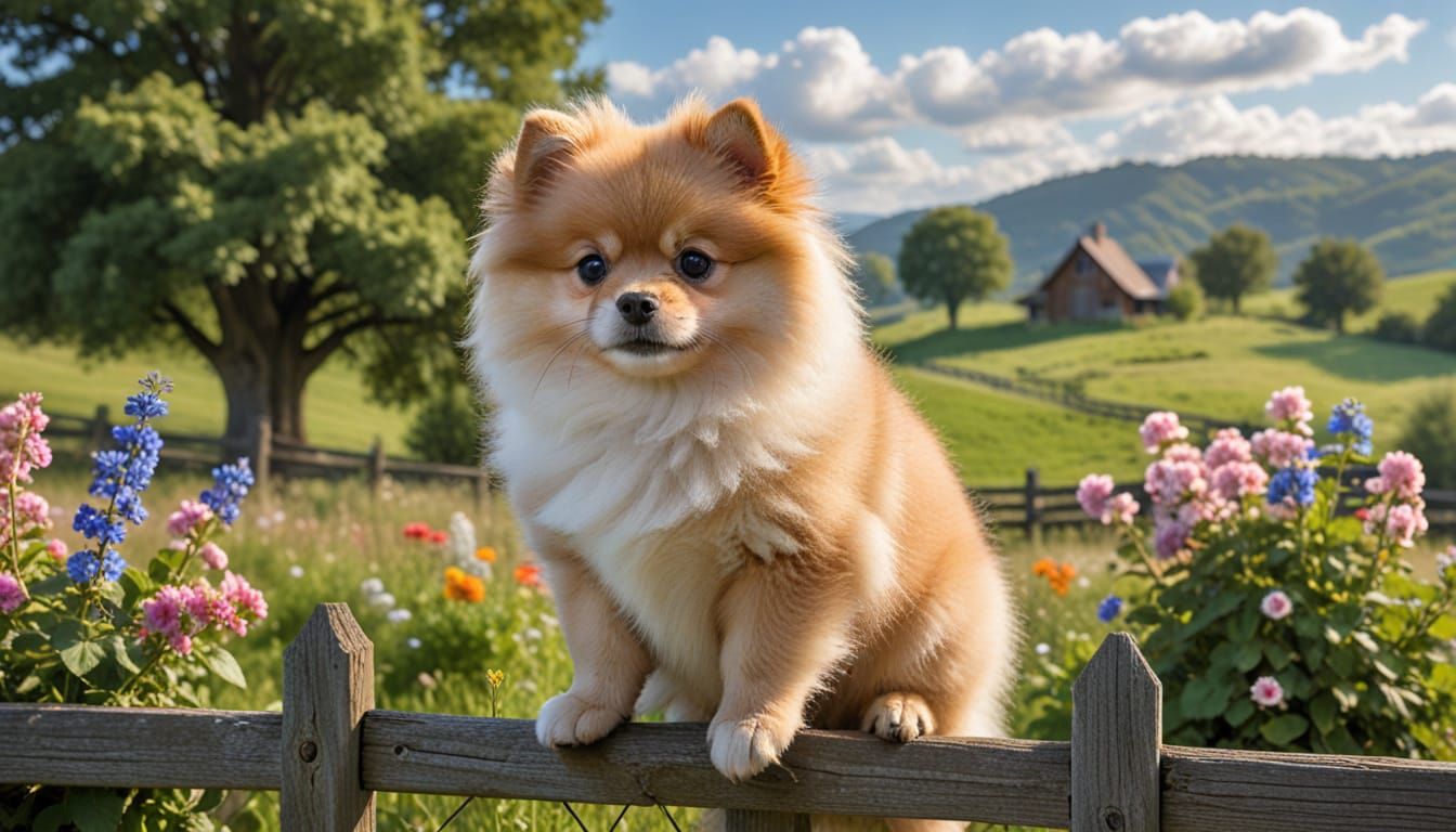 Adorable Pomeranian Puppy on Fence with Bird