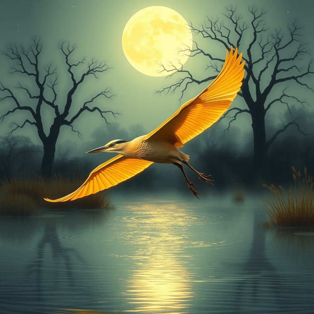 Golden Heron Gliding Over Moonlit Marsh