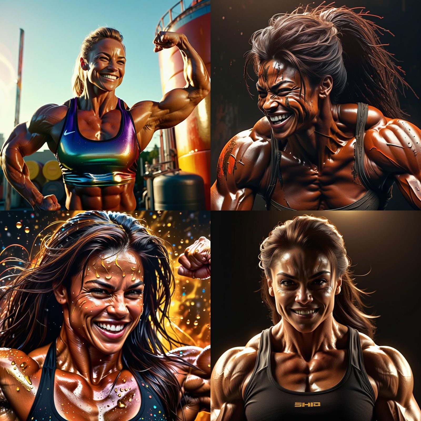 Smiling Woman Bodybuilder Flexing Huge Muscles